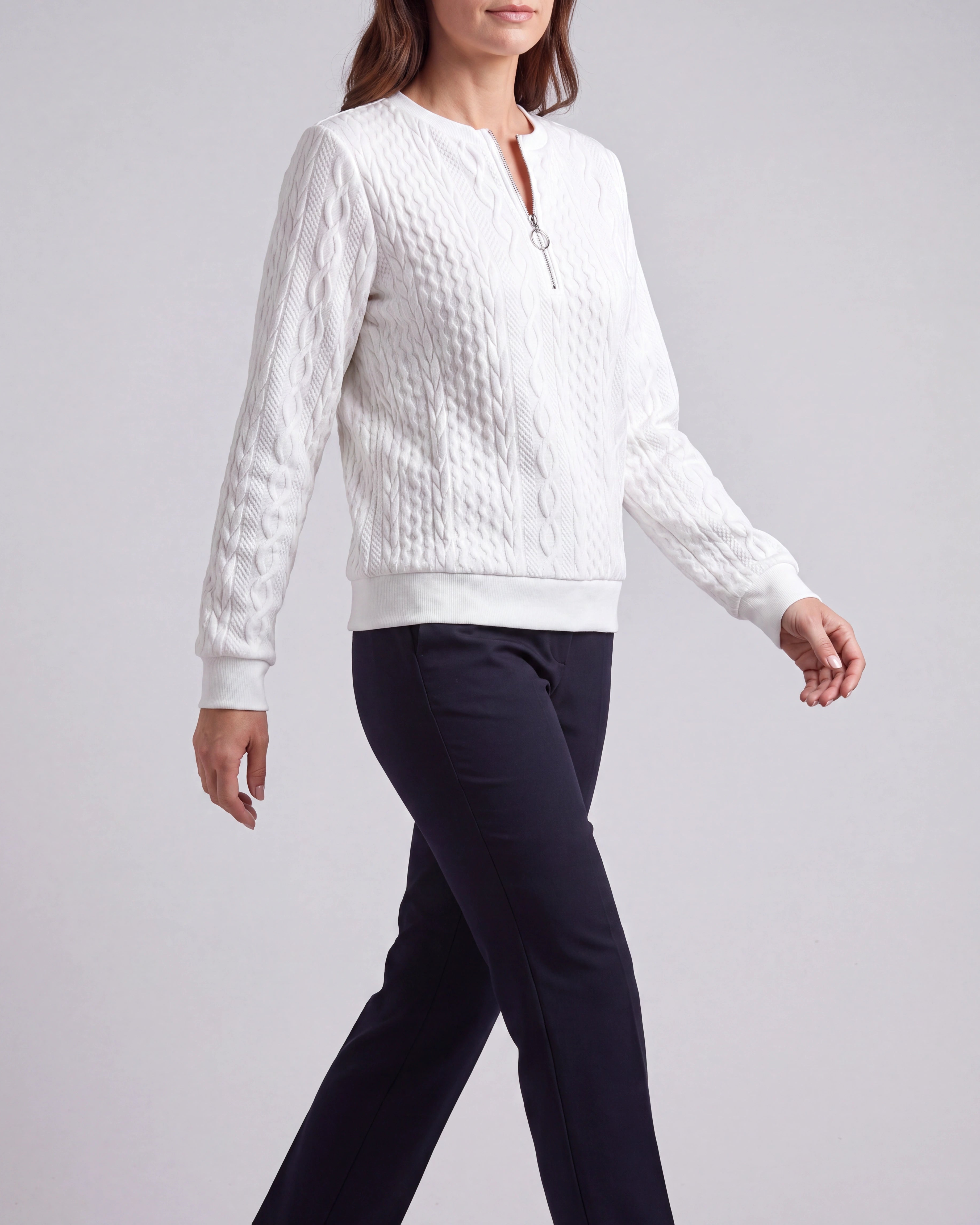 Women's Cable Knit Crew Neck Half Zip Ring Pull Jumper