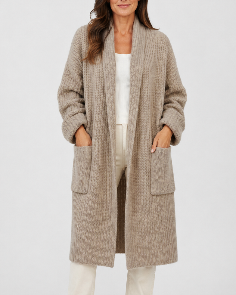Women's Shawl Collar Open Front Long Knit Cardigan with Pockets