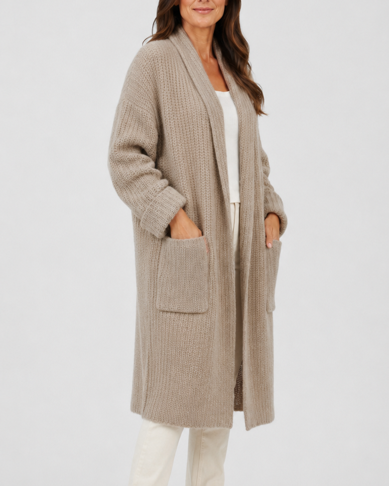 Women's Shawl Collar Open Front Long Knit Cardigan with Pockets