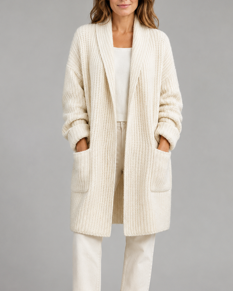 Women's Shawl Collar Open Front Long Knit Cardigan with Pockets