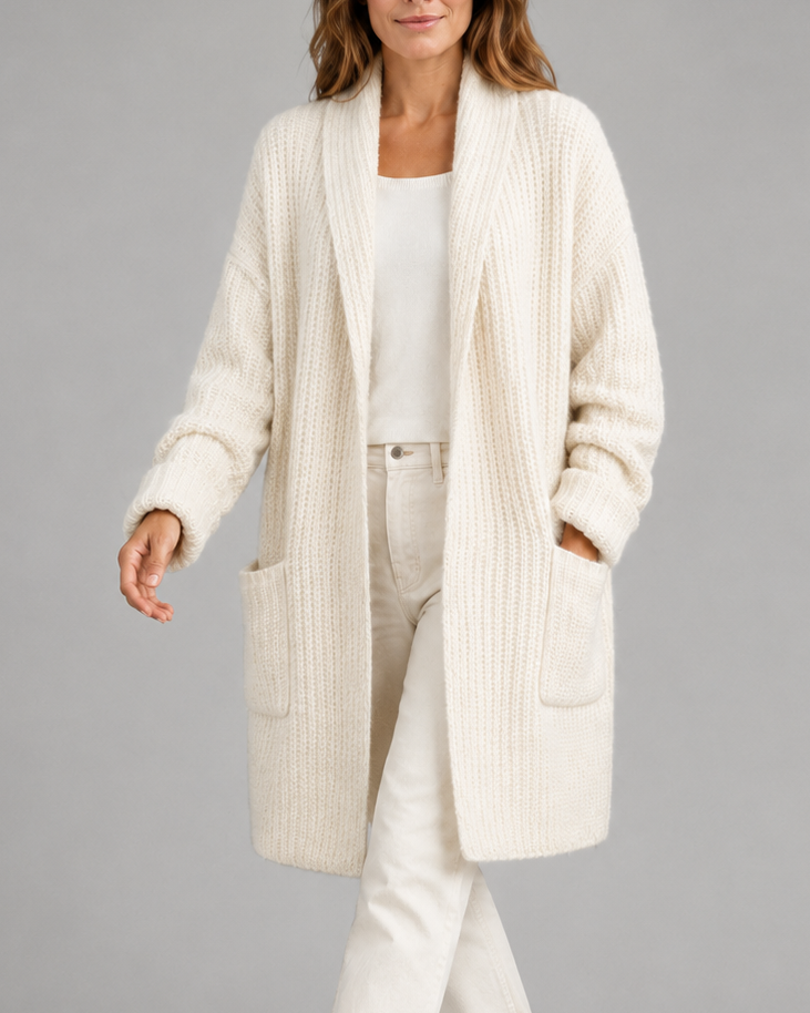 Women's Shawl Collar Open Front Long Knit Cardigan with Pockets