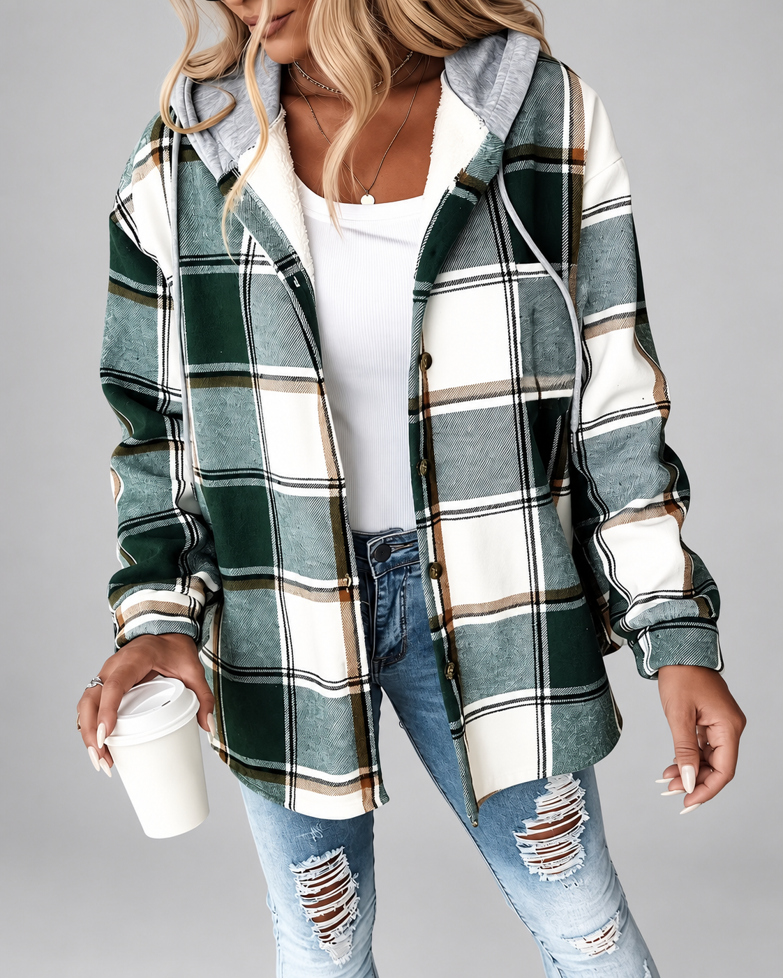 Women's Sherpa Lined Plaid Hooded Jacket with Button Front