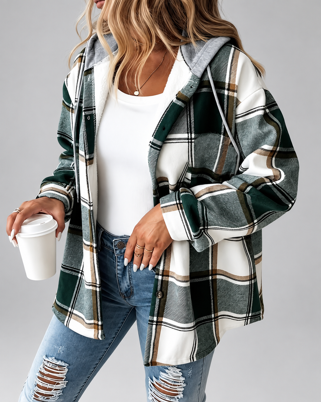 Women's Sherpa Lined Plaid Hooded Jacket with Button Front