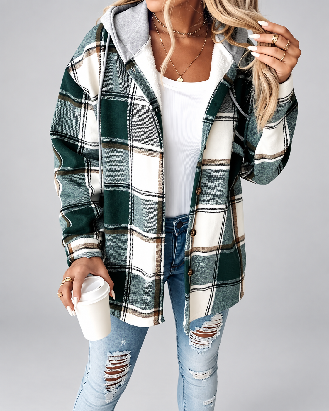Women's Sherpa Lined Plaid Hooded Jacket with Button Front