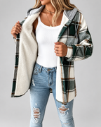 Women's Sherpa Lined Plaid Hooded Jacket with Button Front