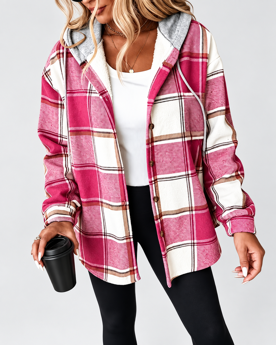 Women's Sherpa Lined Plaid Hooded Jacket with Button Front