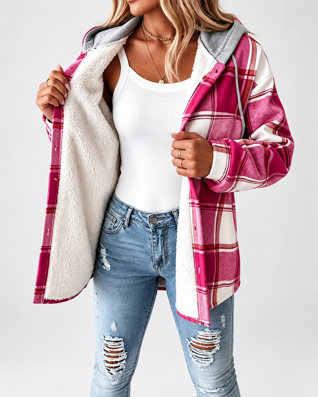 Women's Sherpa Lined Plaid Hooded Jacket with Button Front