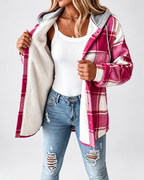 Women's Sherpa Lined Plaid Hooded Jacket with Button Front