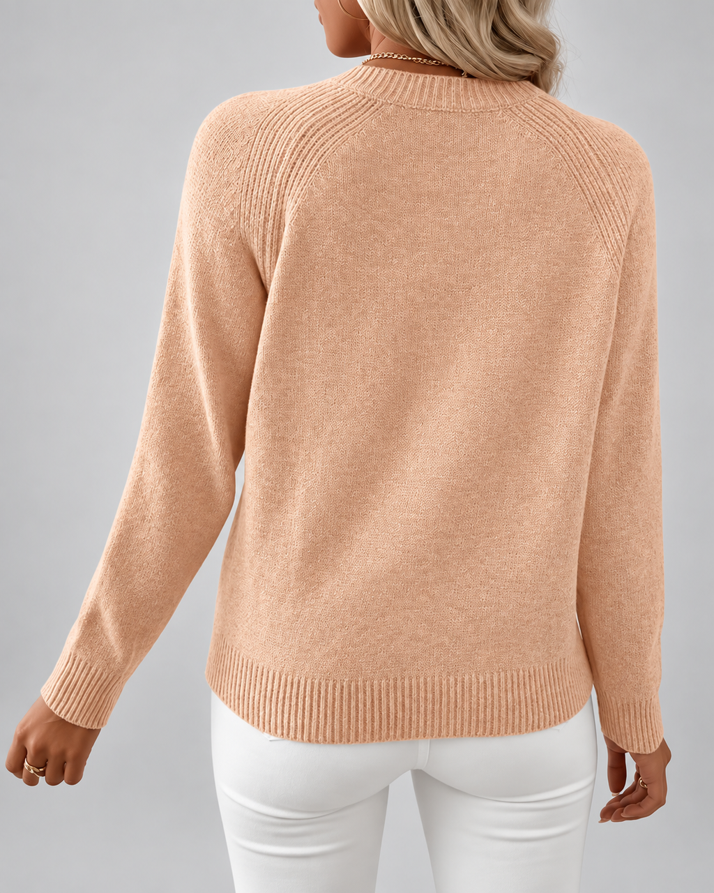 Women's Knit Jumper with Pearl Shoulder Buttons and Crew Neck