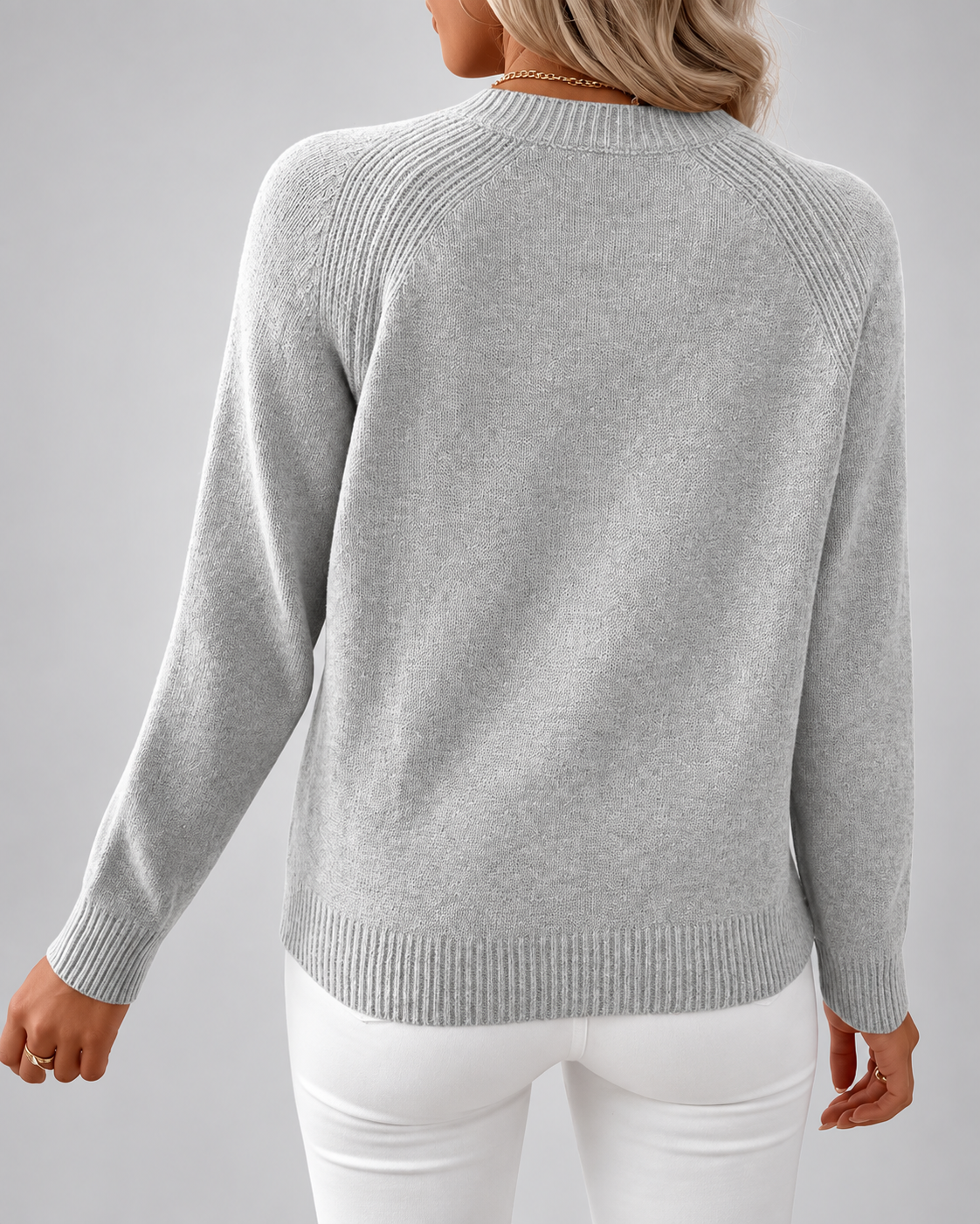 Women's Knit Jumper with Pearl Shoulder Buttons and Crew Neck