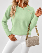 Women's Knit Jumper with Pearl Shoulder Buttons and Crew Neck