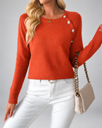 Women's Knit Jumper with Pearl Shoulder Buttons and Crew Neck