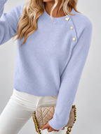 Women's Knit Jumper with Pearl Shoulder Buttons and Crew Neck