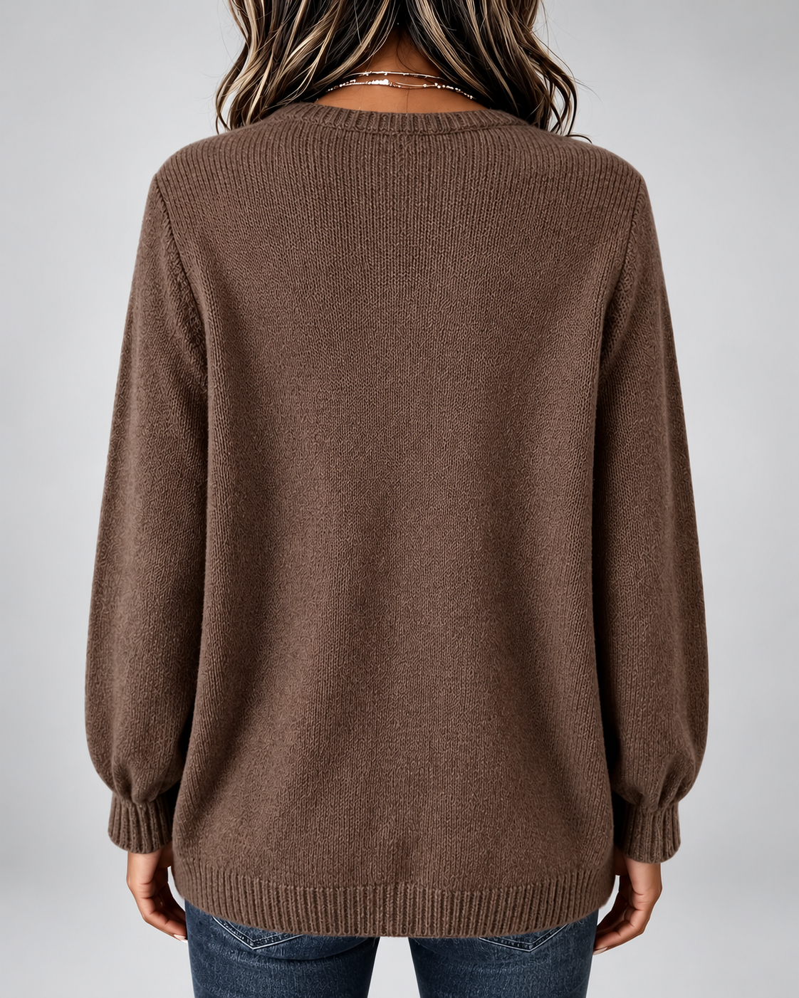 Women's Soft Knit Pullover Top with Buttons and Puff Sleeves