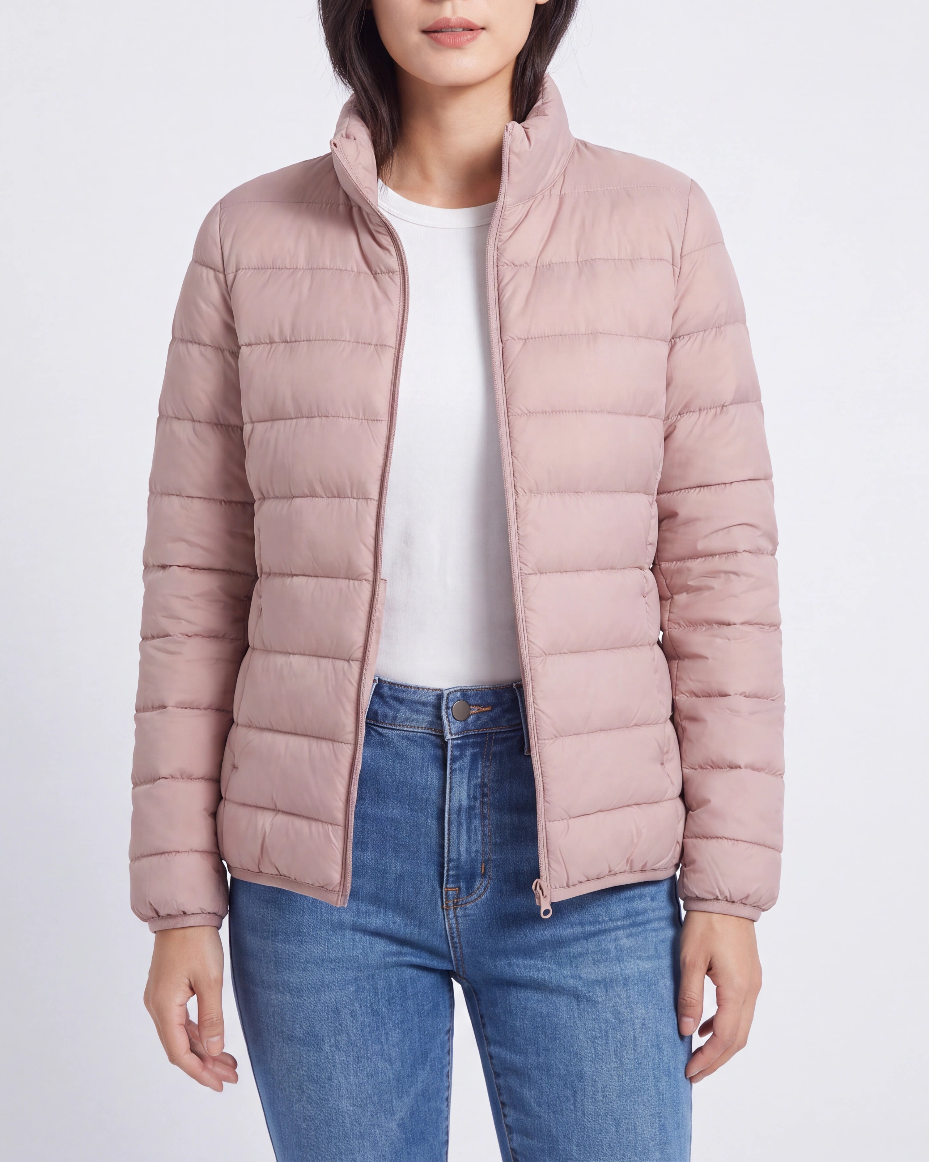 Women's Lightweight Quilted Stand Collar Zip Up Puffer Jacket