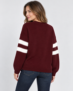 Women's Star Knit Jumper with Striped Sleeves and Round Neck