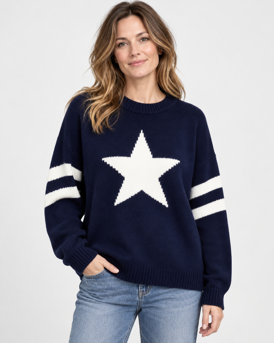 Women's Star Knit Jumper with Striped Sleeves and Round Neck