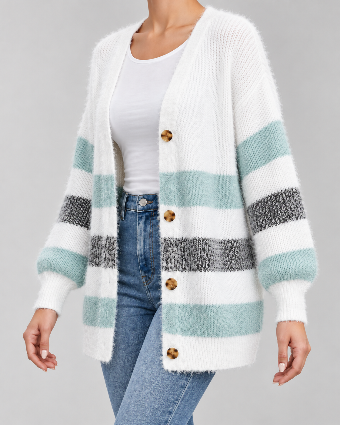 Women's Longline Striped Knit Cardigan with Button Front