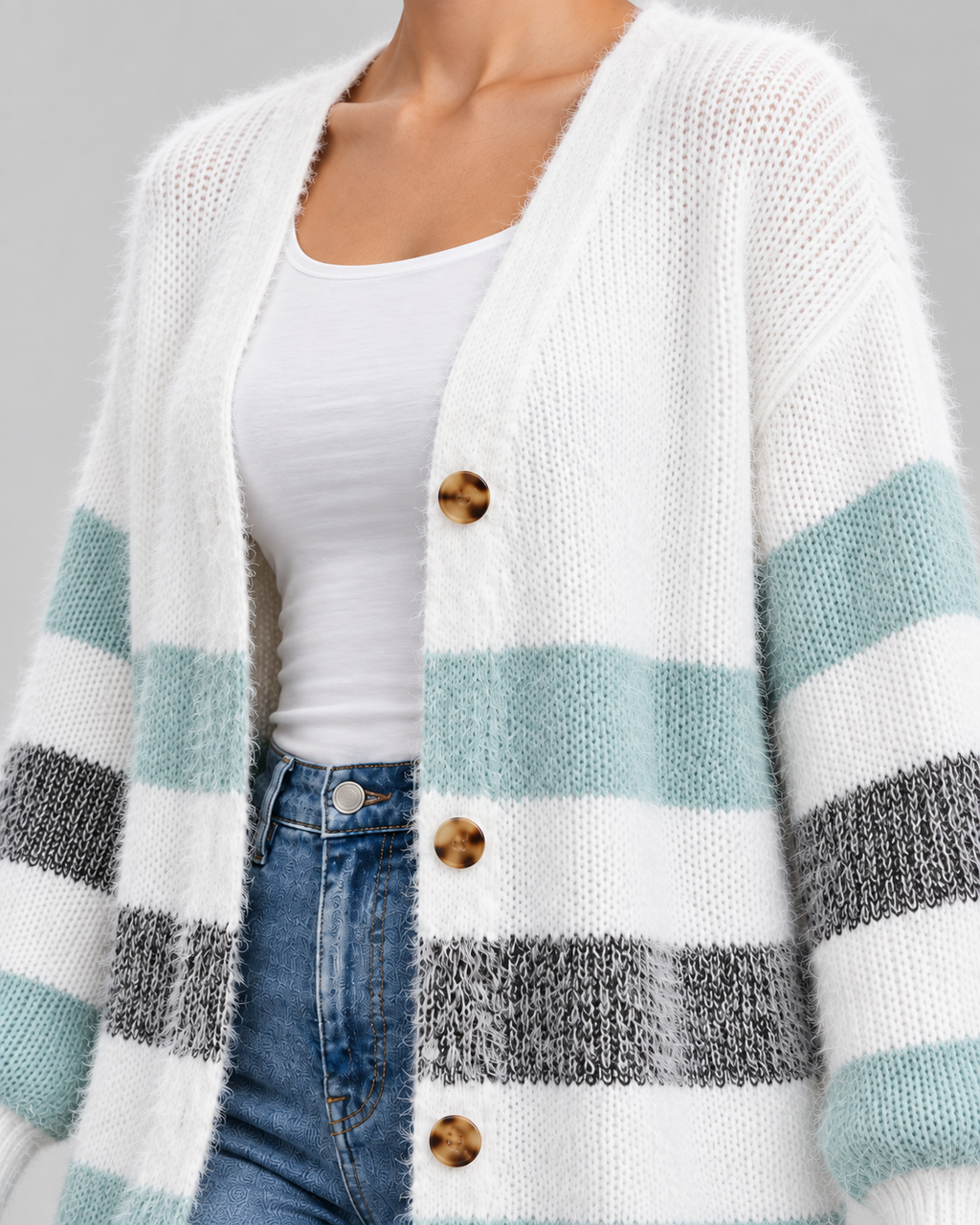 Women's Longline Striped Knit Cardigan with Button Front