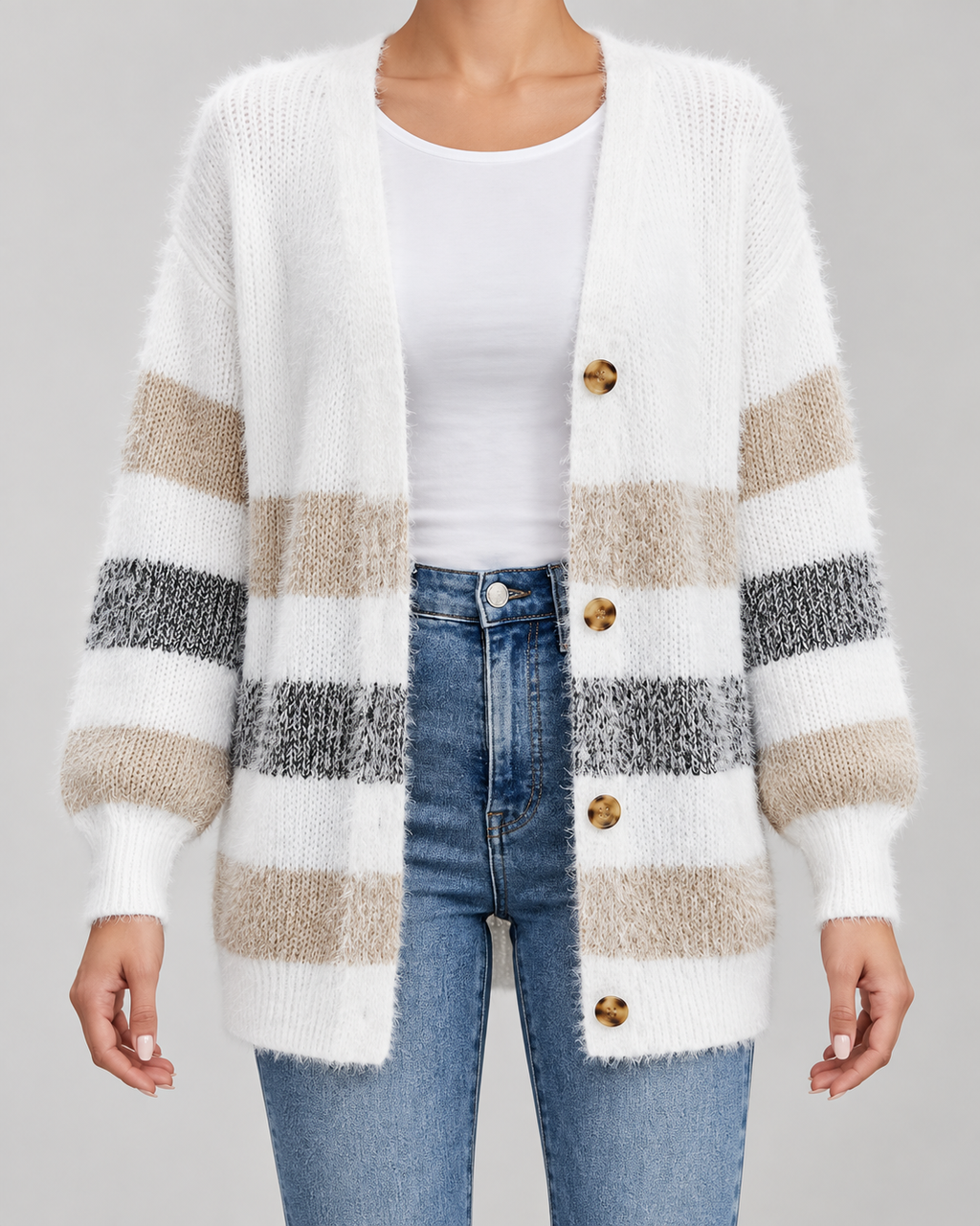 Women's Longline Striped Knit Cardigan with Button Front