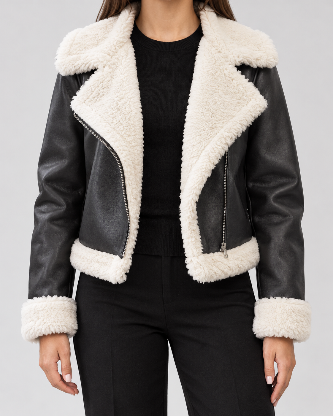 Women's Suede Style Aviator Jacket with Shearling Collar and Zip Front