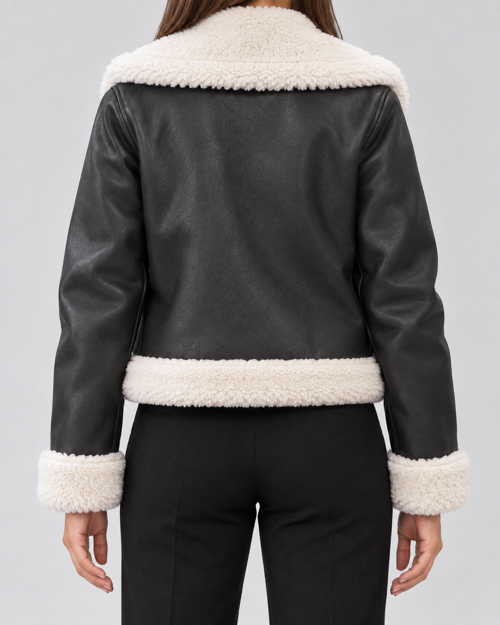 Women's Suede Style Aviator Jacket with Shearling Collar and Zip Front
