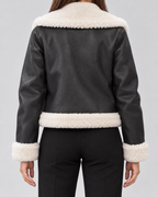 Women's Suede Style Aviator Jacket with Shearling Collar and Zip Front