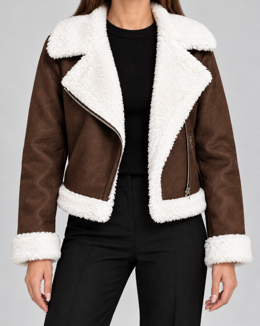 Women's Suede Style Aviator Jacket with Shearling Collar and Zip Front