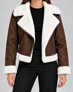 Women's Suede Style Aviator Jacket with Shearling Collar and Zip Front