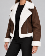 Women's Suede Style Aviator Jacket with Shearling Collar and Zip Front