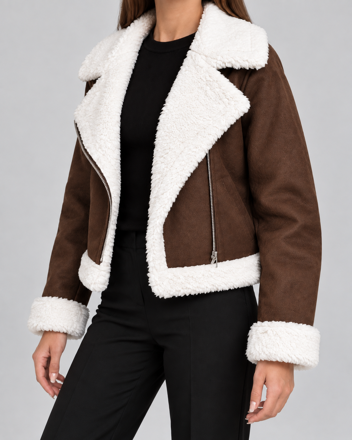 Women's Suede Style Aviator Jacket with Shearling Collar and Zip Front