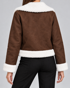 Women's Suede Style Aviator Jacket with Shearling Collar and Zip Front