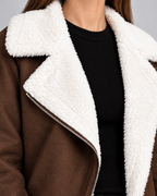 Women's Suede Style Aviator Jacket with Shearling Collar and Zip Front