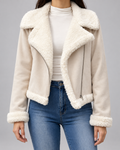 Women's Suede Style Aviator Jacket with Shearling Collar and Zip Front