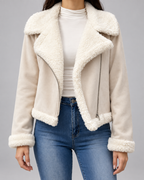 Women's Suede Style Aviator Jacket with Shearling Collar and Zip Front