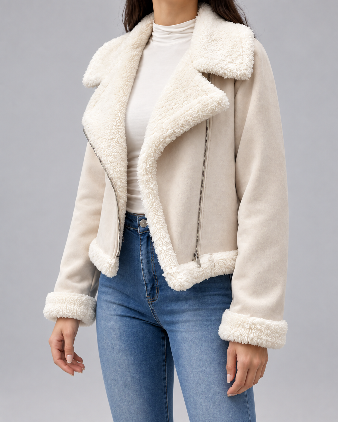 Women's Suede Style Aviator Jacket with Shearling Collar and Zip Front