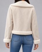 Women's Suede Style Aviator Jacket with Shearling Collar and Zip Front