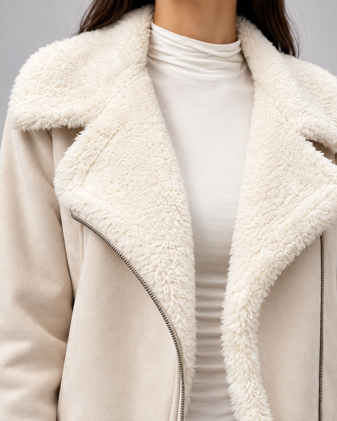 Women's Suede Style Aviator Jacket with Shearling Collar and Zip Front