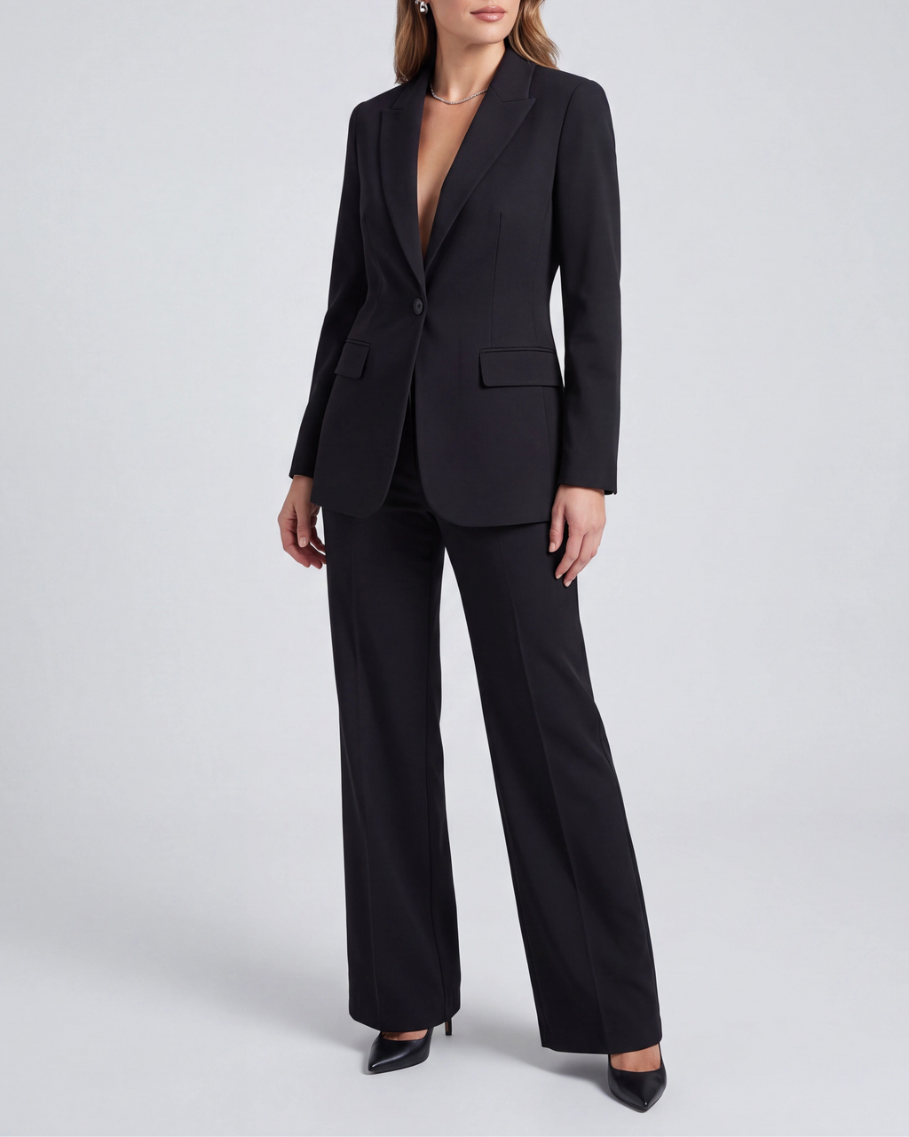 Women's Tailored Single Breasted Blazer and Wide Leg Trouser Suit Set