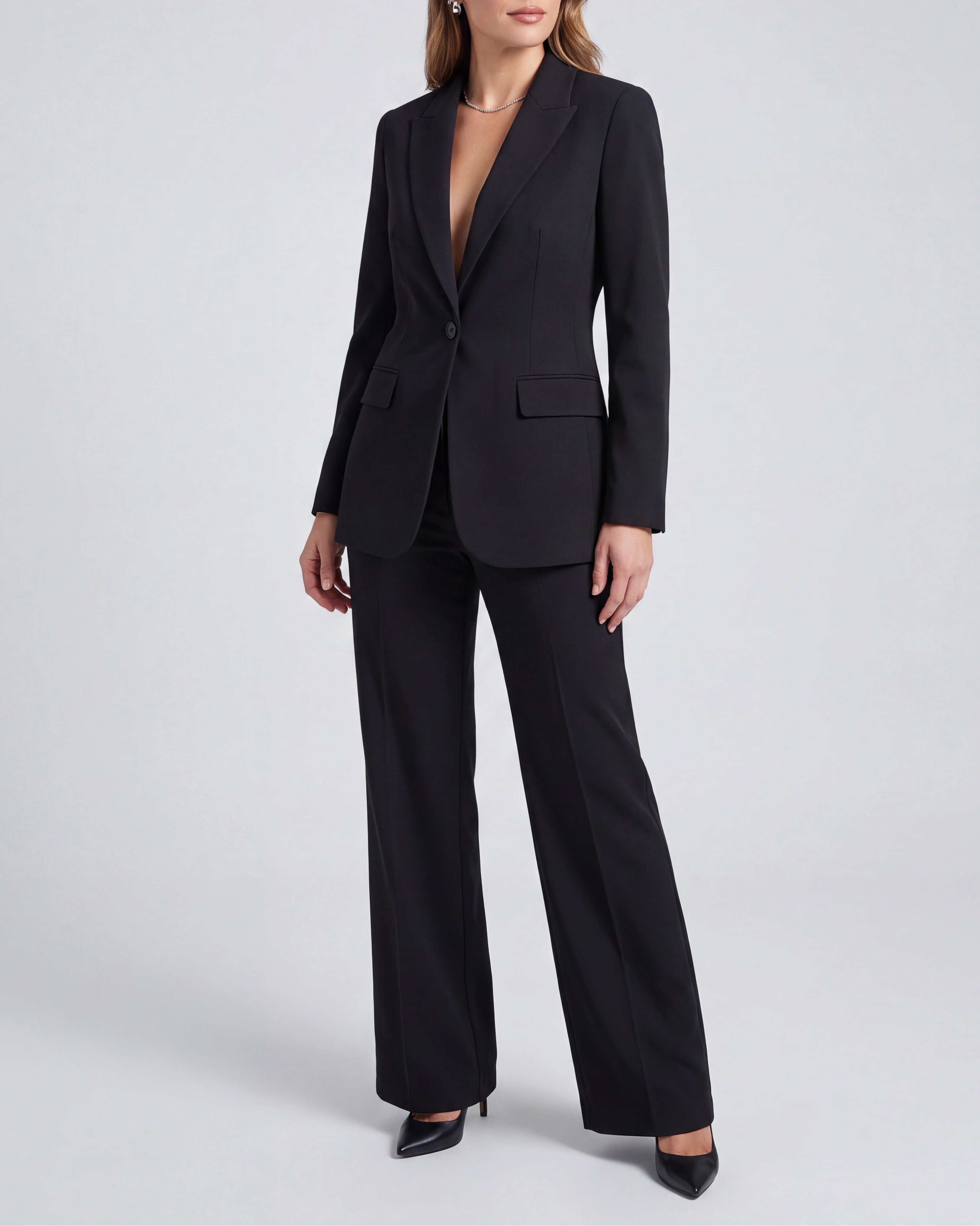 Women's Tailored Single Breasted Blazer and Wide Leg Trouser Suit Set
