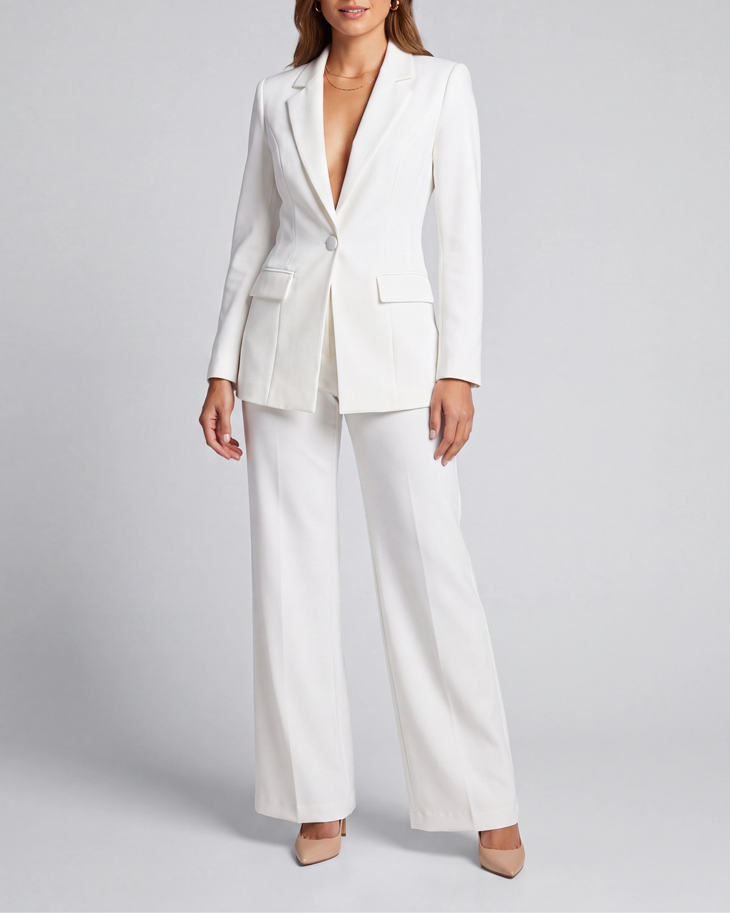 Women's Tailored Single Breasted Blazer and Wide Leg Trouser Suit Set