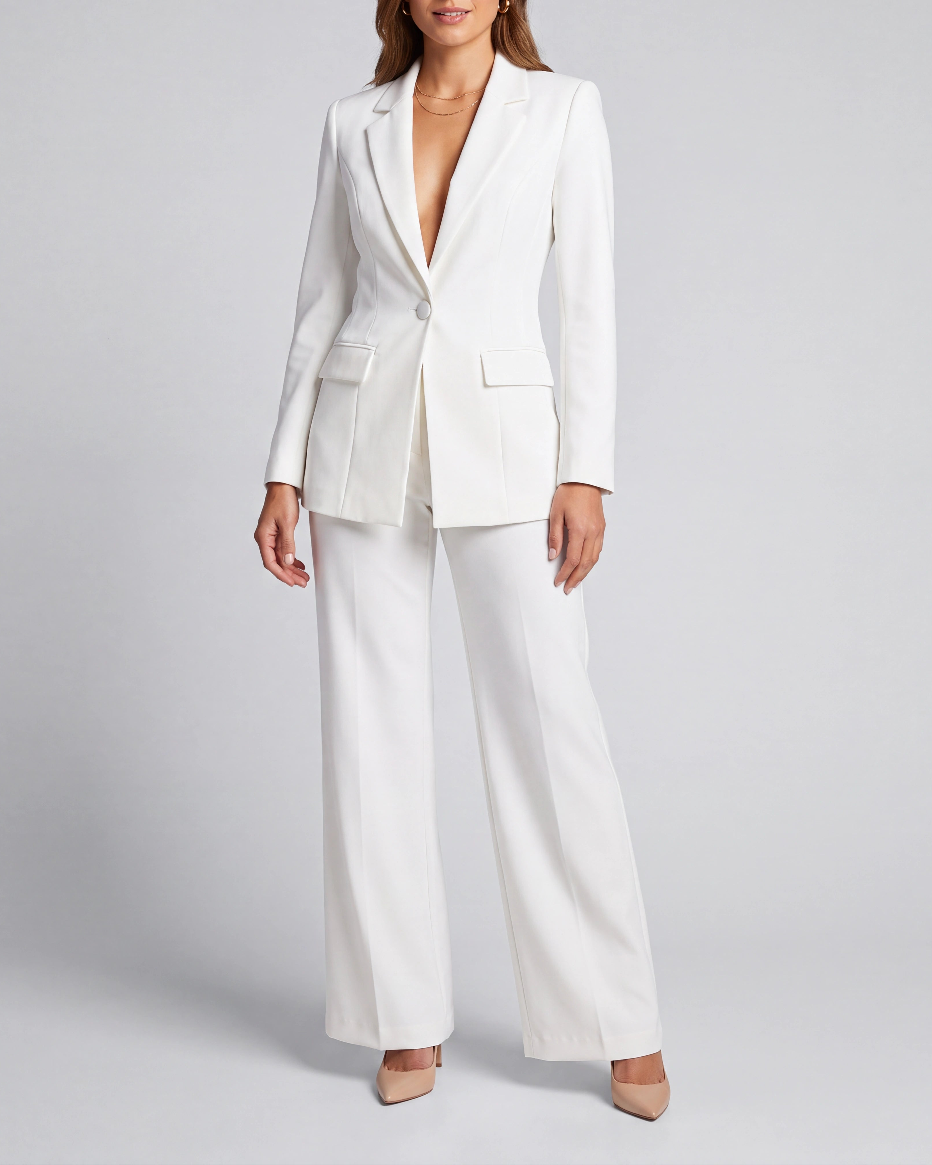 Women's Tailored Single Breasted Blazer and Wide Leg Trouser Suit Set