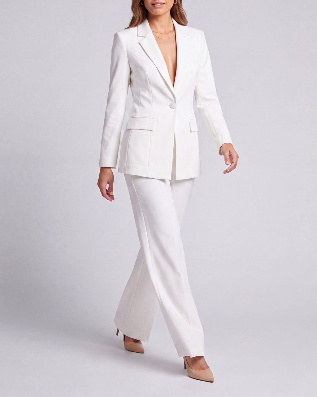 Women's Tailored Single Breasted Blazer and Wide Leg Trouser Suit Set