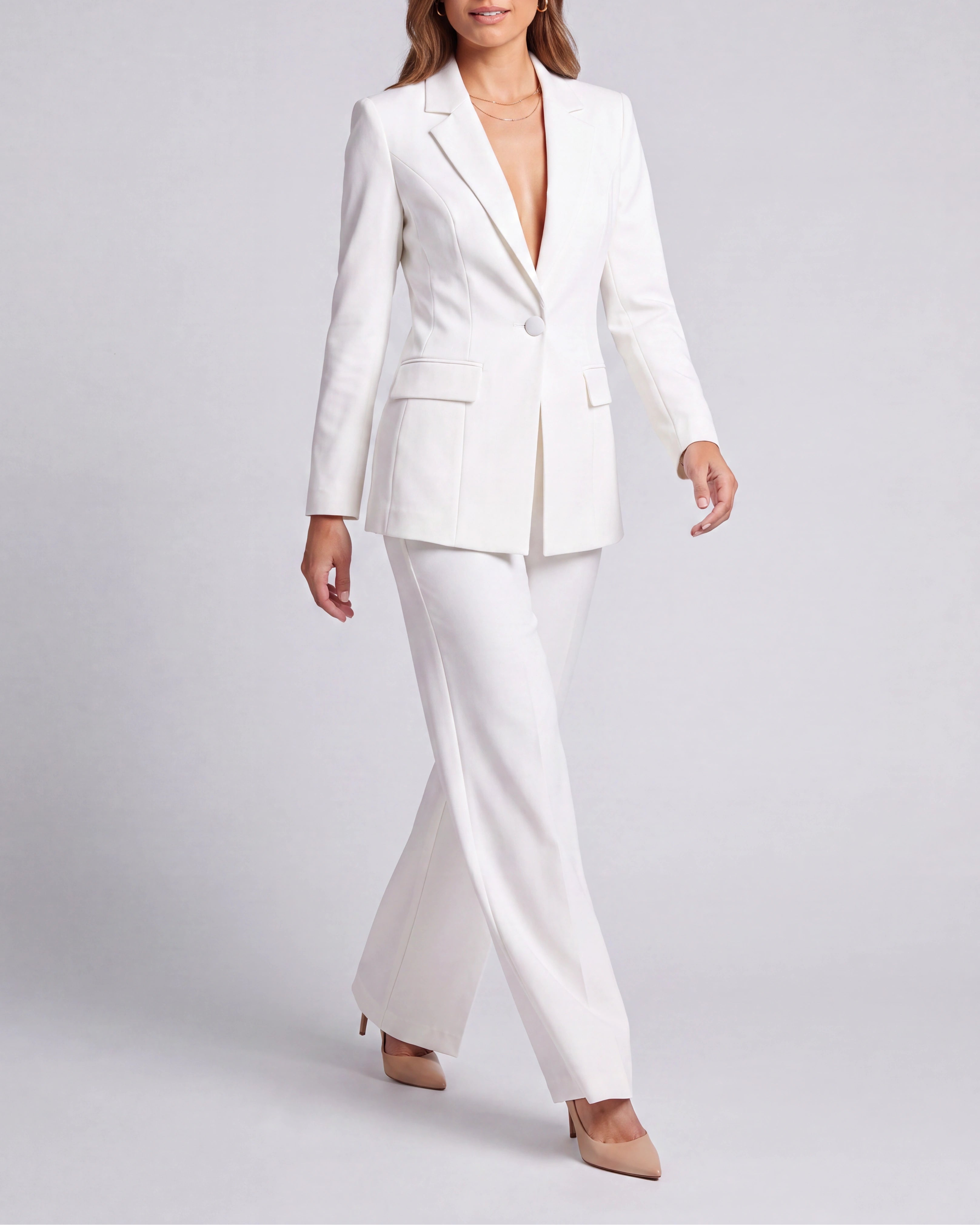 Women's Tailored Single Breasted Blazer and Wide Leg Trouser Suit Set