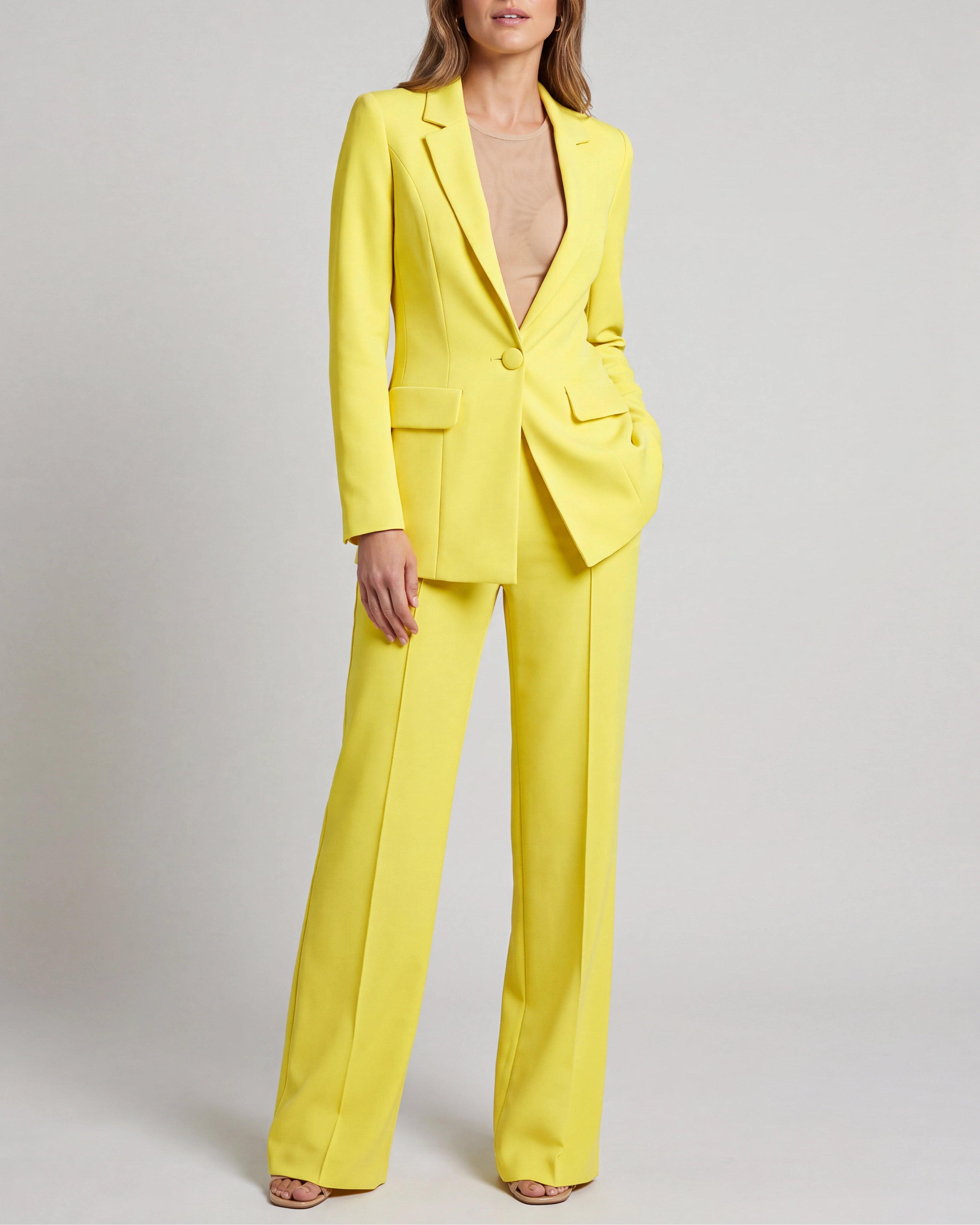 Women's Tailored Single Breasted Blazer and Wide Leg Trouser Suit Set