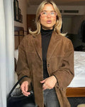Women's Oversized Brown Suede Style Blazer Jacket with Button Front