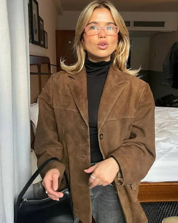 Women's Oversized Brown Suede Style Blazer Jacket with Button Front