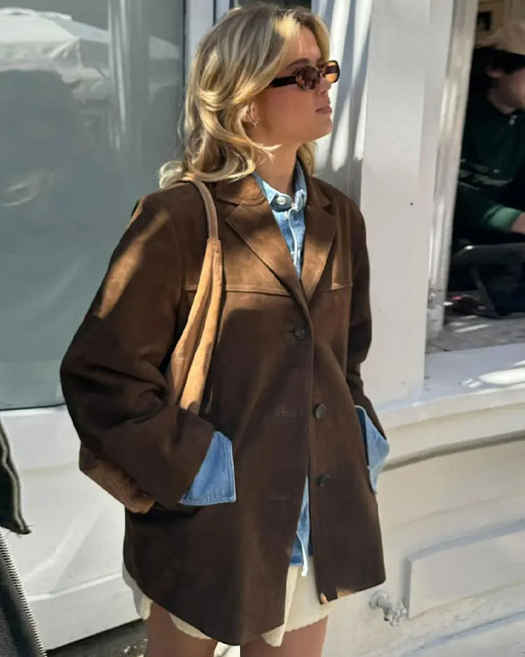Women's Oversized Brown Suede Style Blazer Jacket with Button Front