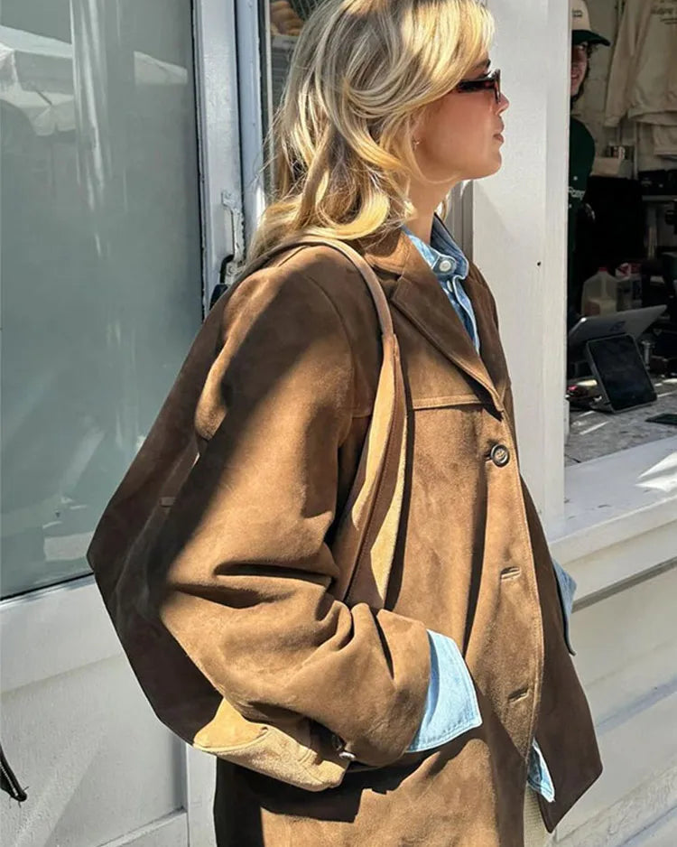 Women's Oversized Brown Suede Style Blazer Jacket with Button Front
