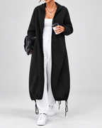 Women's Soft Longline Hooded Coat with Zip Front and Drawstring Hem